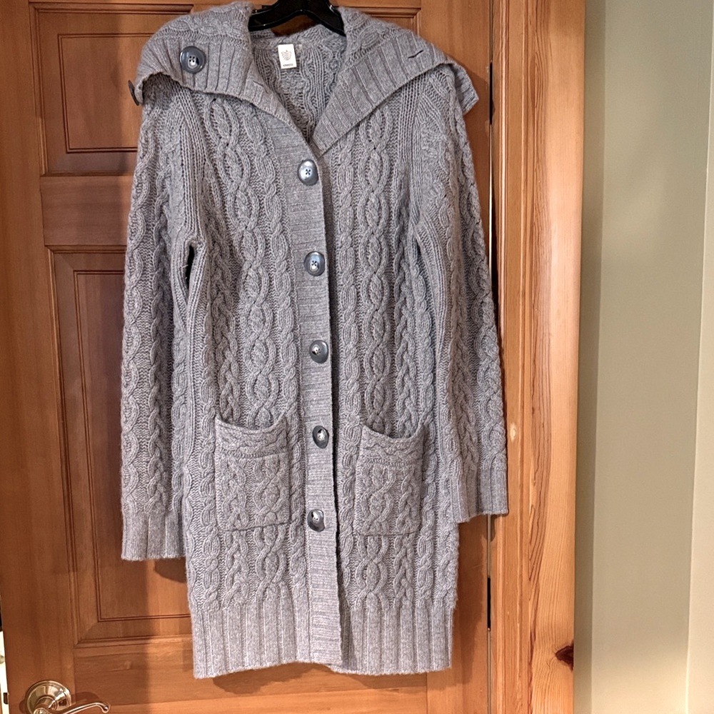Kinross Gray Hooded Cable Knit Cardigan Duster Sz M 100% Cashmere